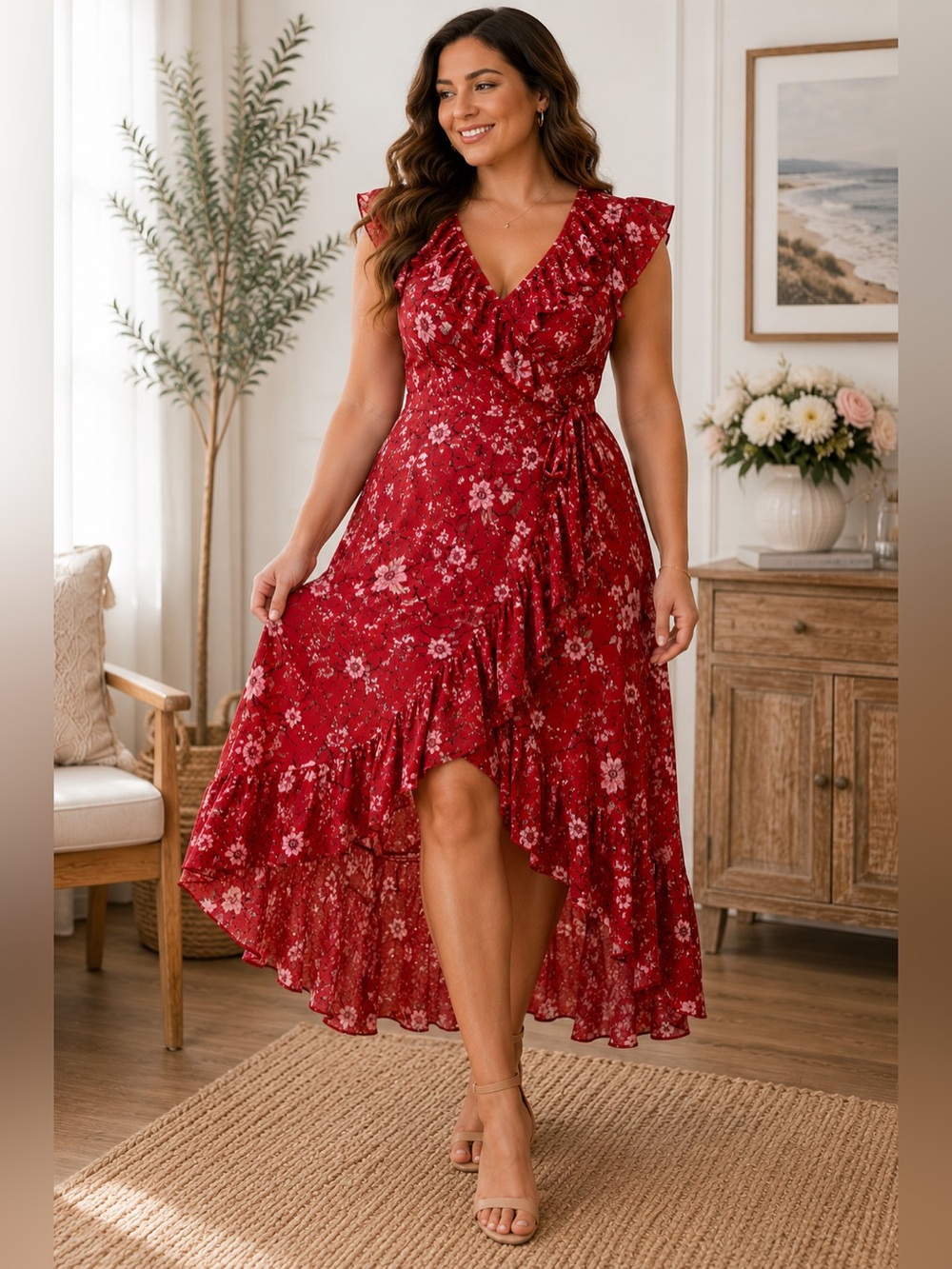 Max Studio Red Floral Ruffle Wrap Maxi Dress High Low Size L.